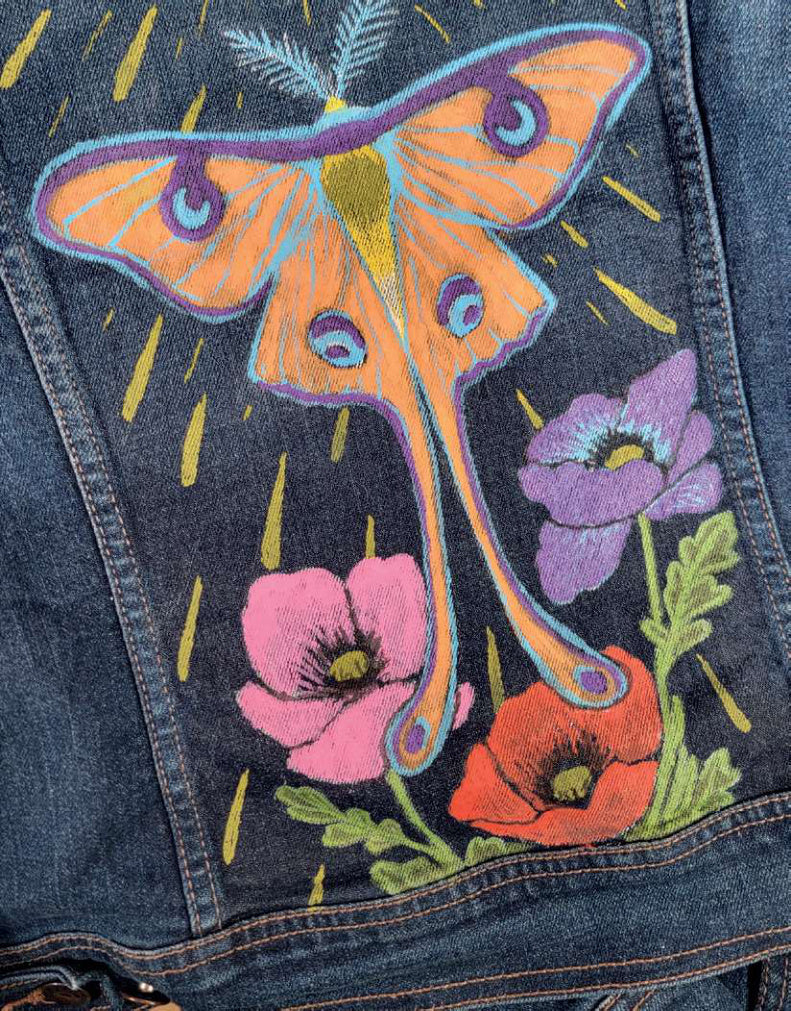 Completed colorful artwork on denim